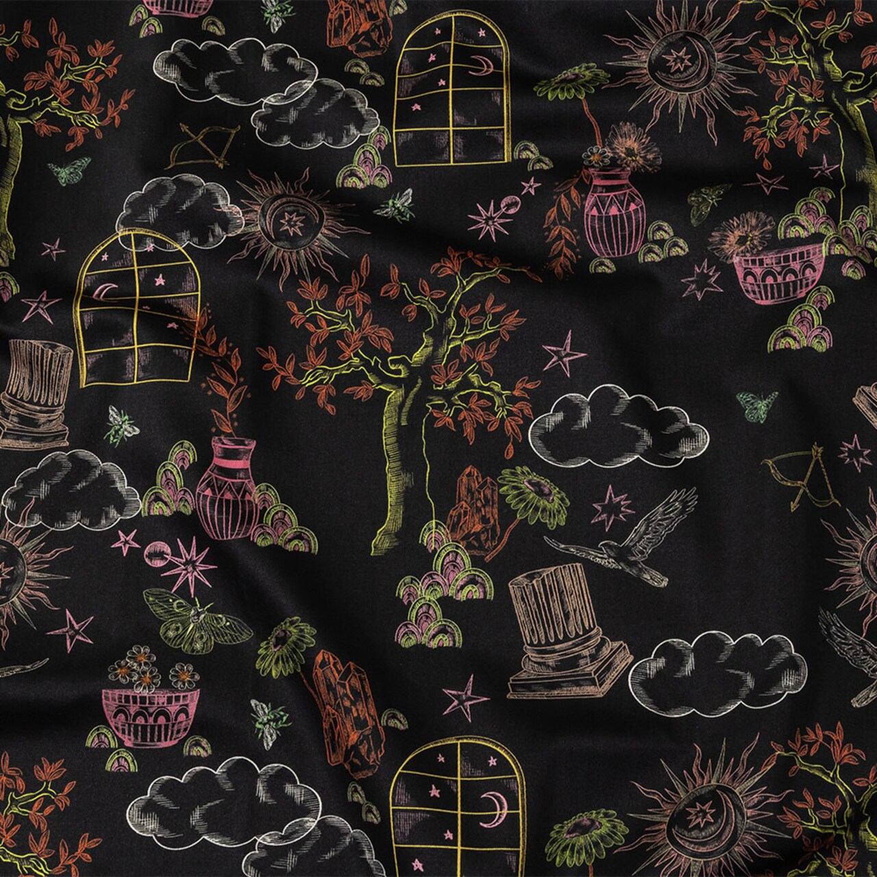 1 Yard Stretch Cotton Sateen Black Trees and Windows Summer Nights Print Citrus Collection